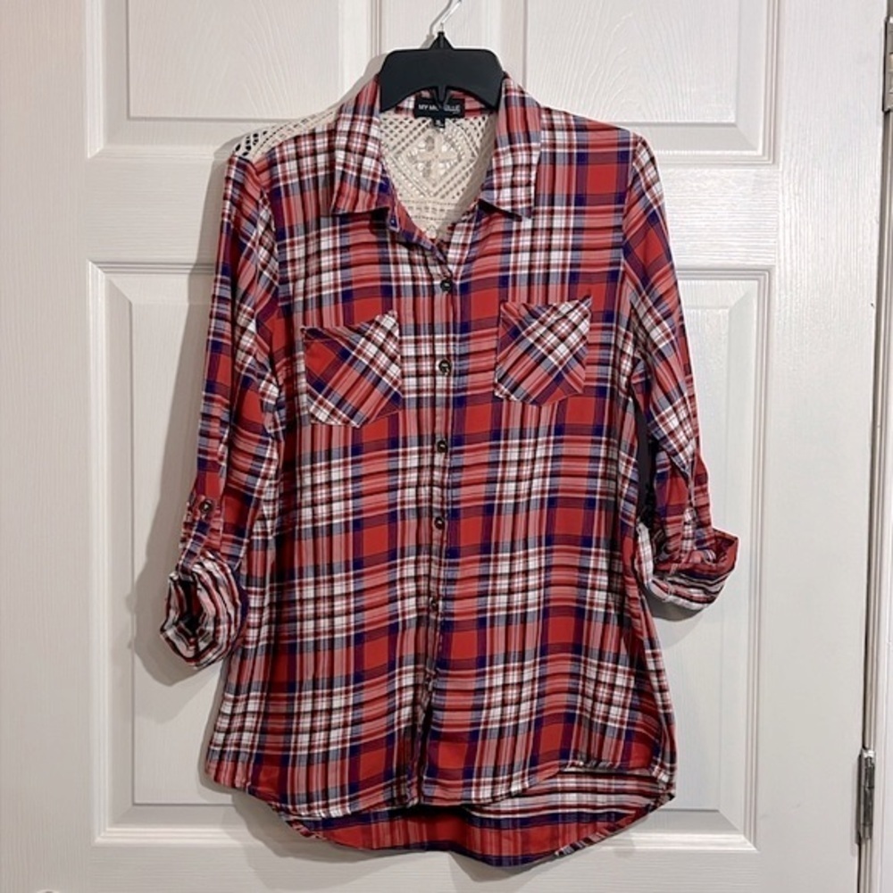My Michelle Womens Red White Plaid Button Down - Crocheted Back - Size XL NWOT
